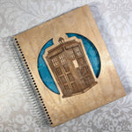 Police Call Box, Spiral Bound Wood Notebook/Journal, Whovian Gift