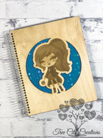 Wizard Girl with Ponytail, Wood Notebook, Wood Journal, Spiral Bound Notebook, Handmade Notebook